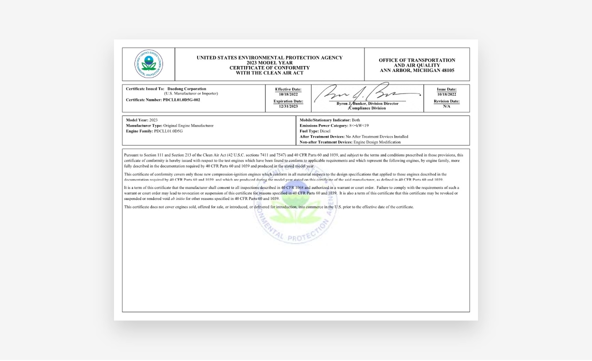 EPA/CARB/EU certification